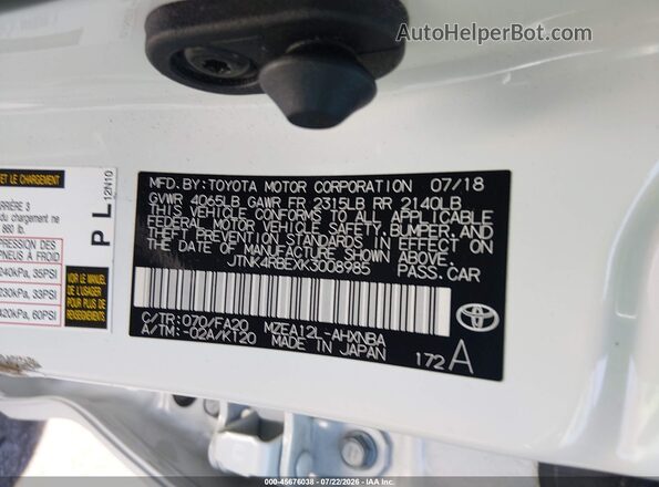 JTNK4RBEXK3008985 2019 TOYOTA COROLLA White Շարժիչի բաժամունքի տեսք