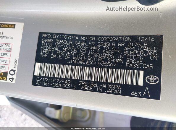 JTNKARJEXHJ535567 2017 TOYOTA COROLLA IM Серебряный Вид подкапотного пространства