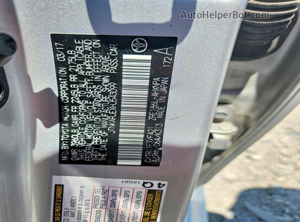 JTNKARJEXHJ543099 2017 TOYOTA COROLLA Silver Вид наклейки з VIN-кодом