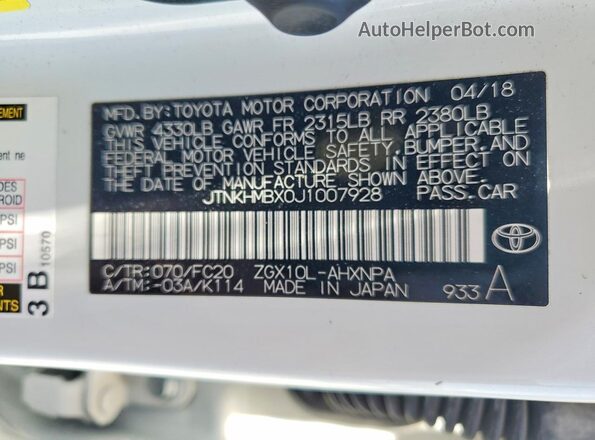 JTNKHMBX0J1007928 2018 TOYOTA C-HR White Engine compartment view