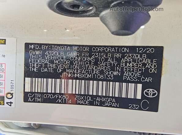 JTNKHMBX0M1108133 2021 TOYOTA C-HR White VIN sticker view