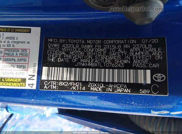 JTNKHMBX1L1076243 2020 TOYOTA C-HR Blue Vista del compartimento del motor