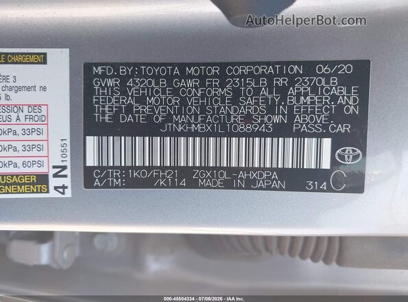 JTNKHMBX1L1088943 2020 TOYOTA C-HR Silver Widok komory silnika