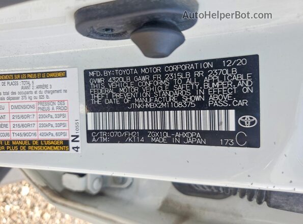 JTNKHMBX2M1108375 2021 TOYOTA C-HR White Widok komory silnika