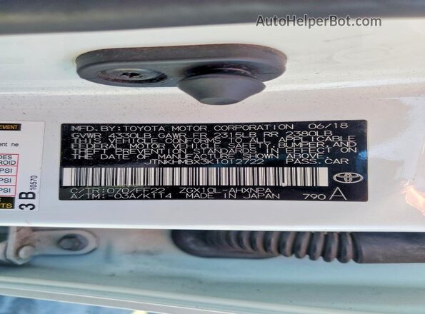 JTNKHMBX3K1012722 2019 TOYOTA C-HR White VIN sticker view