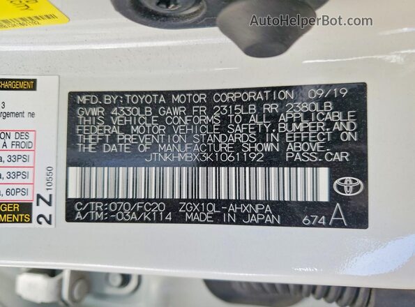 JTNKHMBX3K1061192 2019 TOYOTA C-HR White Вид наклейки з VIN-кодом