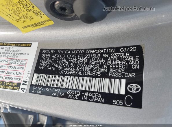 JTNKHMBX4L1084675 2020 TOYOTA C-HR Silver Engine compartment view