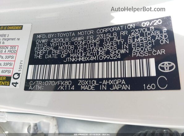 JTNKHMBX4M1099324 2021 TOYOTA C-HR White Engine compartment view