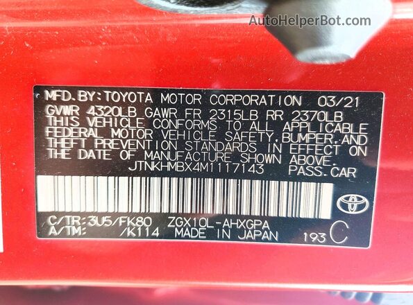 JTNKHMBX4M1117143 2021 TOYOTA C-HR Red Widok komory silnika