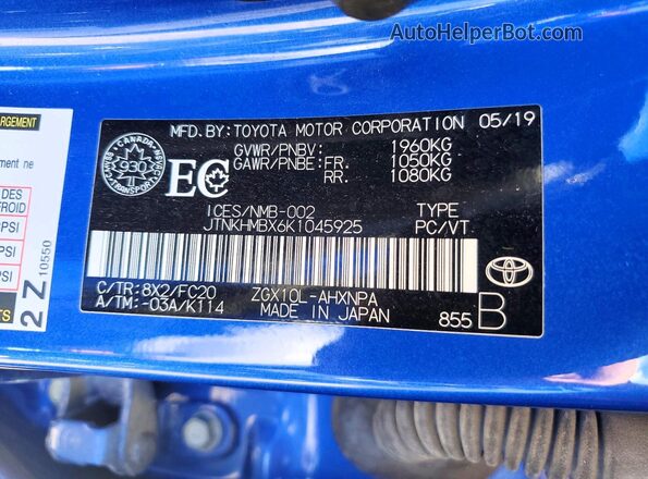 JTNKHMBX6K1045925 2019 TOYOTA C-HR Blue VIN sticker view