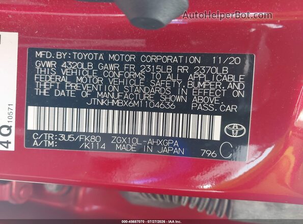 JTNKHMBX6M1104636 2021 TOYOTA C-HR Красный Вид подкапотного пространства