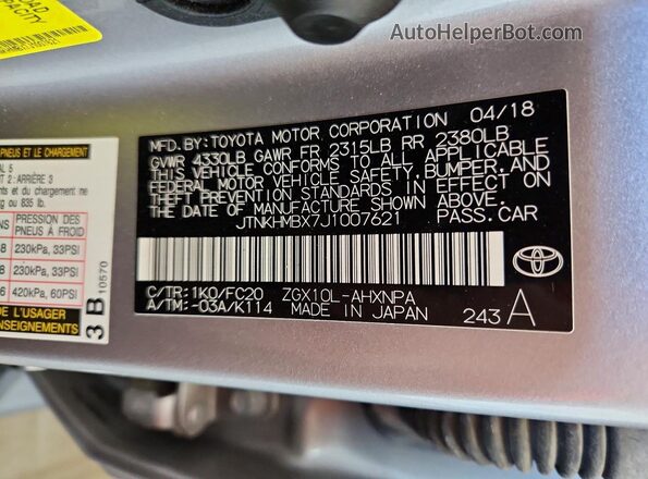JTNKHMBX7J1007621 2018 TOYOTA C-HR Серебряный Вид наклейки с VIN-кодом