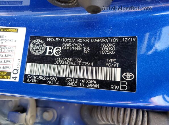 JTNKHMBX8L1070844 2020 TOYOTA C-HR Blue Vista de la etiqueta del VIN