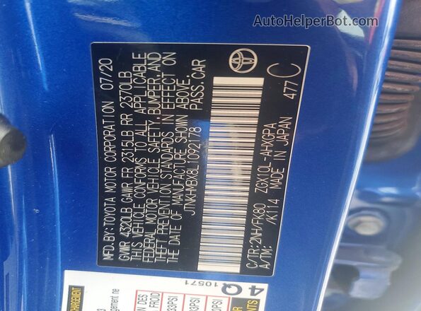 JTNKHMBX8L1092178 2020 TOYOTA C-HR Blue VIN sticker view