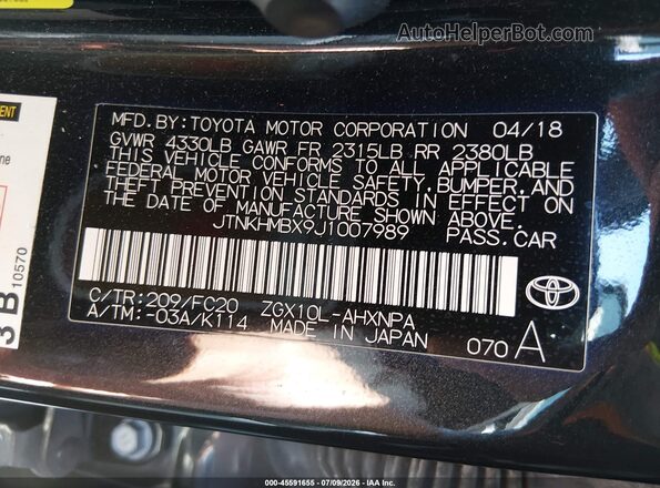 JTNKHMBX9J1007989 2018 TOYOTA C-HR Black Widok komory silnika