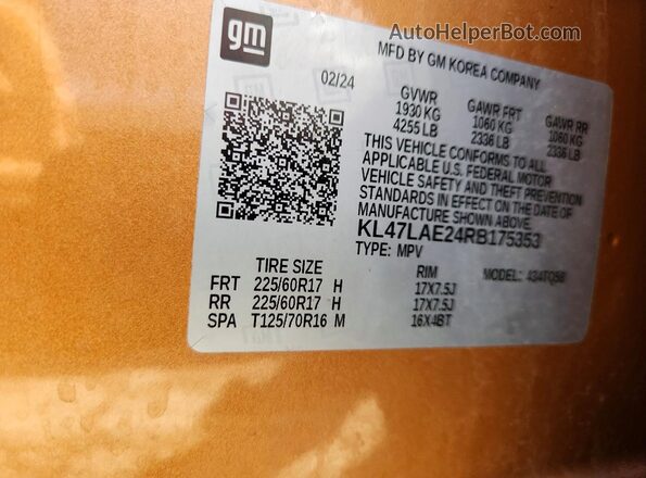 KL47LAE24RB175353 2024 BUICK OTHER Orange Вид наклейки з VIN-кодом