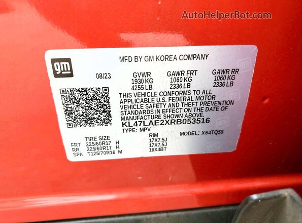 KL47LAE2XRB053516 2024 BUICK OTHER Orange Vista de la etiqueta del VIN