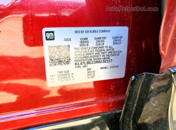 KL47LBE23RB192117 2024 BUICK OTHER Red Vista de la etiqueta del VIN