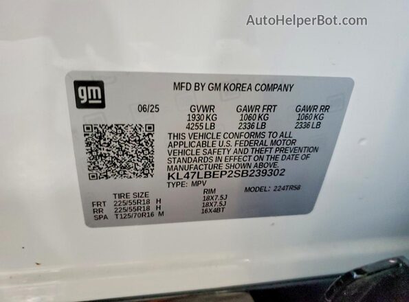 KL47LBEP2SB239302 2025 BUICK OTHER White VIN sticker view