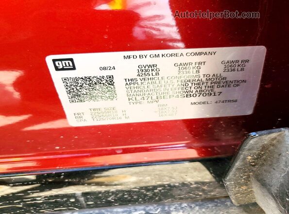 KL47LBEP4SB070917 2025 BUICK OTHER Burgundy Vista de la etiqueta del VIN