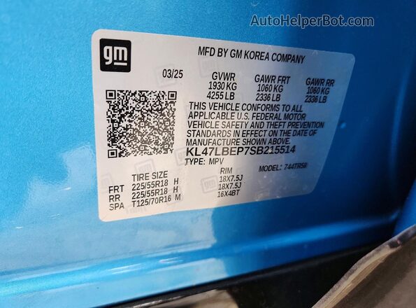 KL47LBEP7SB215514 2025 BUICK OTHER Blue VIN կոդի պիտակի տեսք