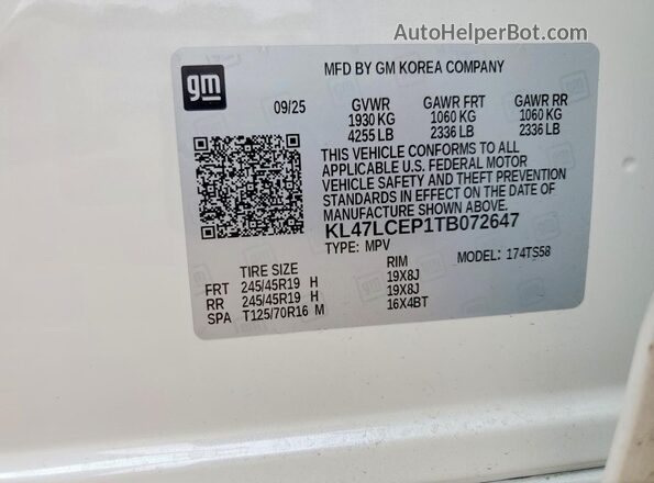 KL47LCEP1TB072647 2026 BUICK OTHER White VIN sticker view