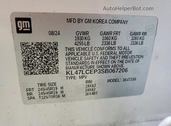 KL47LCEP3SB067206 2025 BUICK OTHER White VIN კოდის სტიკერის ხედი