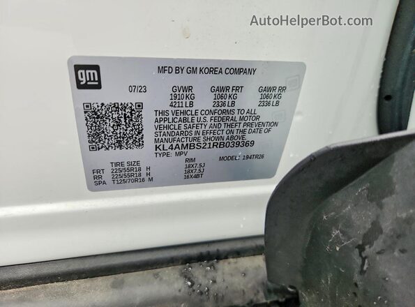 KL4AMBS21RB039369 2024 BUICK ENCORE White Вид наклейки з VIN-кодом
