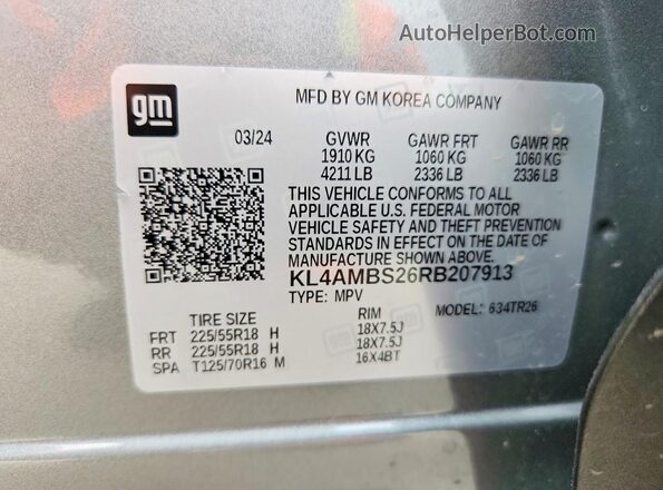 KL4AMBS26RB207913 2024 BUICK ENCORE Gray Vista de la etiqueta del VIN