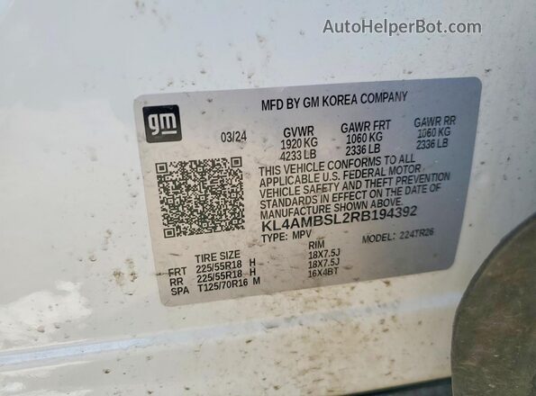 KL4AMBSL2RB194392 2024 BUICK ENCORE White Vista de la etiqueta del VIN