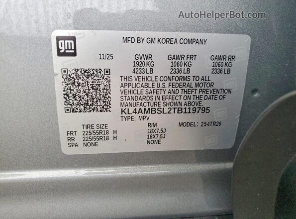 KL4AMBSL2TB119795 2026 BUICK ENCORE Gray VIN კოდის სტიკერის ხედი