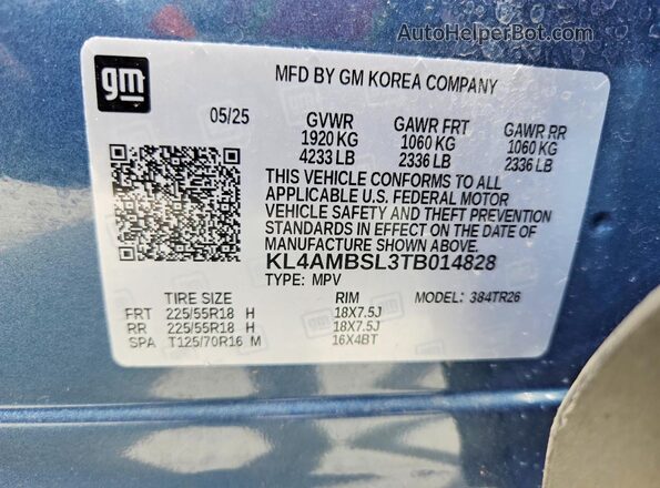 KL4AMBSL3TB014828 2026 BUICK ENCORE Blue Widok naklejki z numerem VIN
