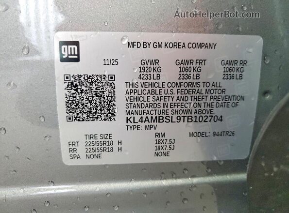KL4AMBSL9TB102704 2026 BUICK ENCORE Gray Widok naklejki z numerem VIN
