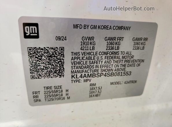 KL4AMBSP4SB081553 2025 BUICK ENCORE Белый Вид наклейки с VIN-кодом