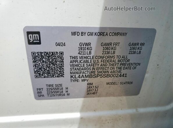 KL4AMBSP5SB002441 2025 BUICK ENCORE White VIN კოდის სტიკერის ხედი