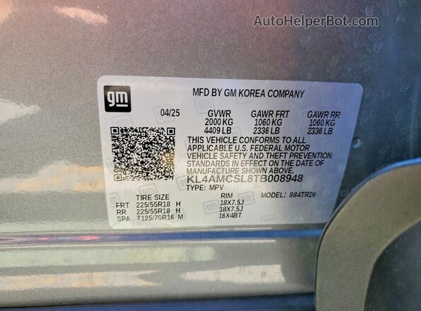 KL4AMCSL8TB008948 2026 BUICK ENCORE Gray Widok naklejki z numerem VIN