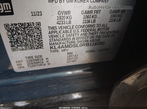 KL4AMDSL0RB116091 2024 BUICK ENCORE Blue Vista de la etiqueta del VIN