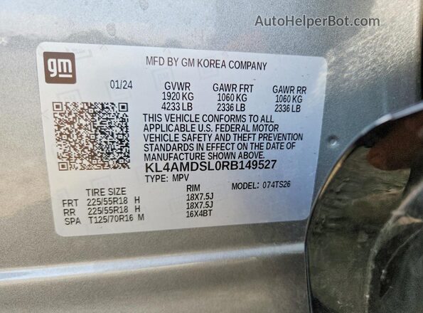 KL4AMDSL0RB149527 2024 BUICK ENCORE Gray VIN კოდის სტიკერის ხედი