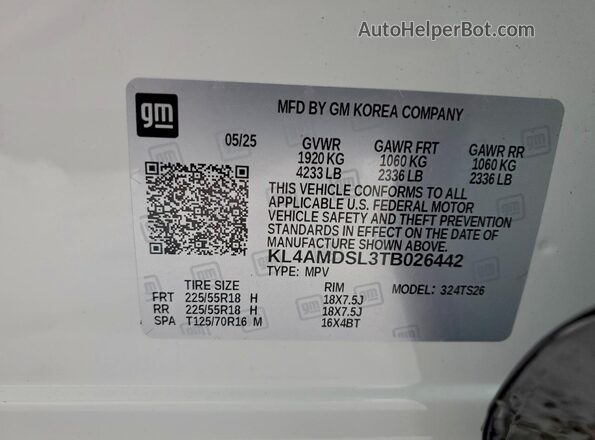 KL4AMDSL3TB026442 2026 BUICK ENCORE White Widok naklejki z numerem VIN