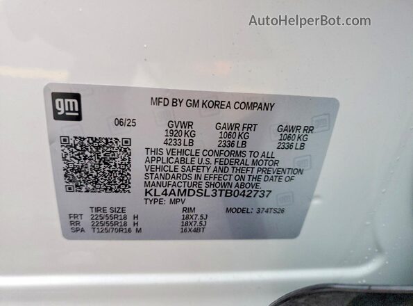 KL4AMDSL3TB042737 2026 BUICK ENCORE White VIN კოდის სტიკერის ხედი