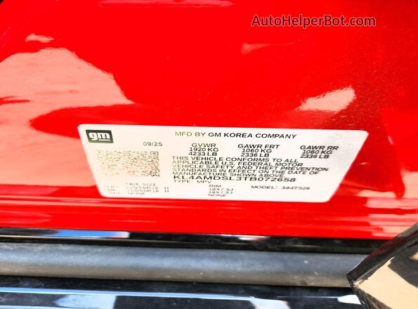 KL4AMDSL3TB072658 2026 BUICK ENCORE Красный Вид наклейки с VIN-кодом