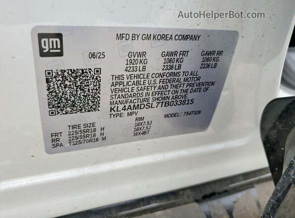 KL4AMDSL7TB033815 2026 BUICK ENCORE White VIN sticker view