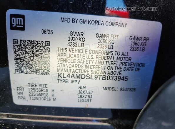 KL4AMDSL9TB033945 2026 BUICK ENCORE Black Widok naklejki z numerem VIN