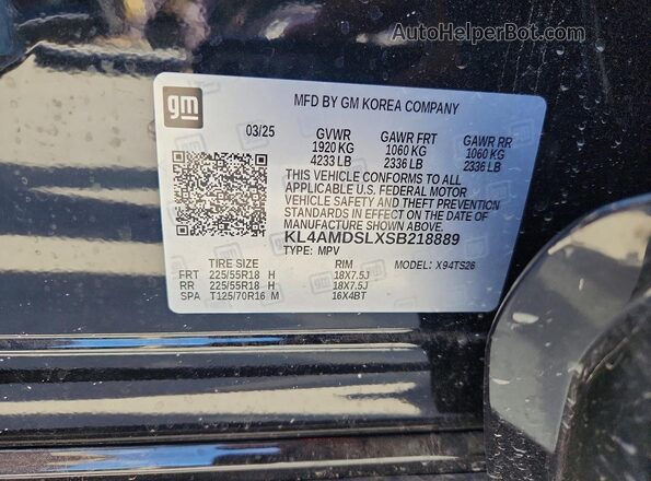 KL4AMDSLXSB218889 2025 BUICK ENCORE Black VIN კოდის სტიკერის ხედი