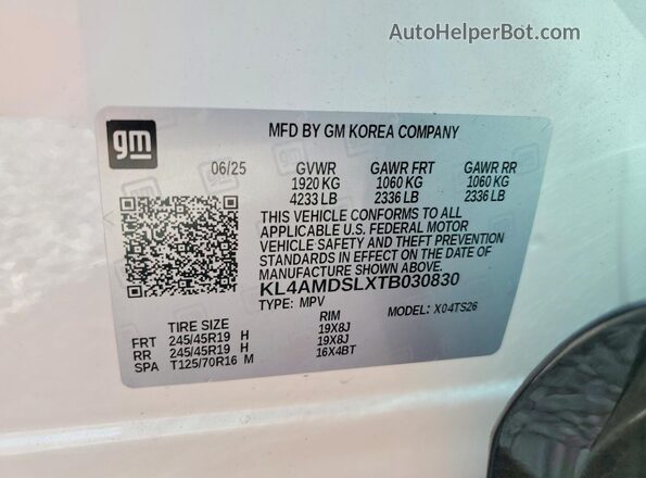 KL4AMDSLXTB030830 2026 BUICK ENCORE White Widok naklejki z numerem VIN