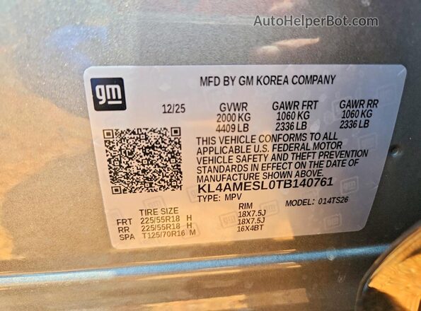 KL4AMESL0TB140761 2026 BUICK ENCORE Gray Widok naklejki z numerem VIN