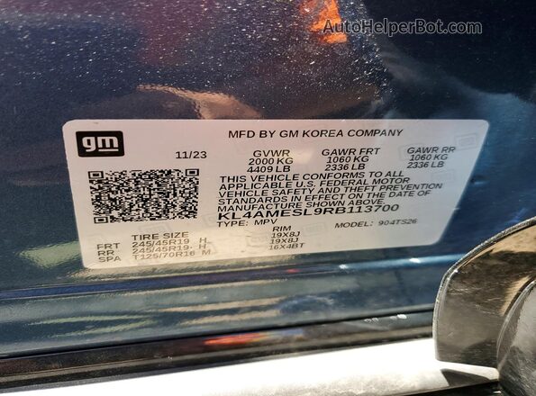 KL4AMESL9RB113700 2024 BUICK ENCORE Blue VIN კოდის სტიკერის ხედი