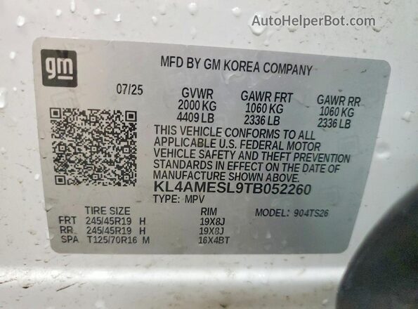KL4AMESL9TB052260 2026 BUICK ENCORE White Widok naklejki z numerem VIN