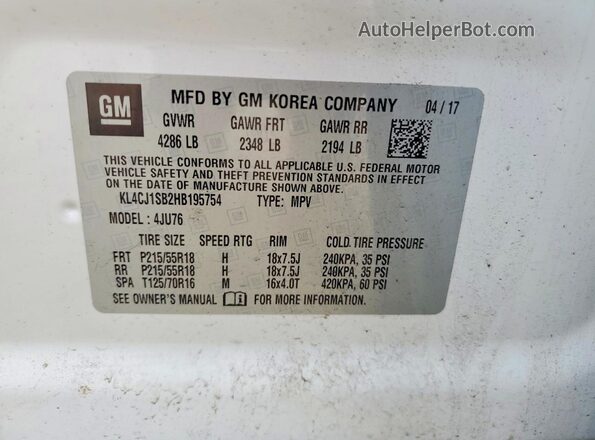 KL4CJ1SB2HB195754 2017 BUICK ENCORE White Widok naklejki z numerem VIN