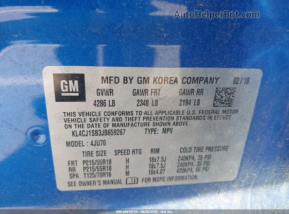 KL4CJ1SB3JB659267 2018 BUICK ENCORE Blue Շարժիչի բաժամունքի տեսք